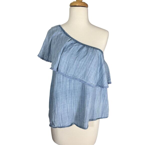 Taylor & Sage Chambray Ruffled One Shoulder Sleeveless Blouse Top Sz M - Picture 1 of 6